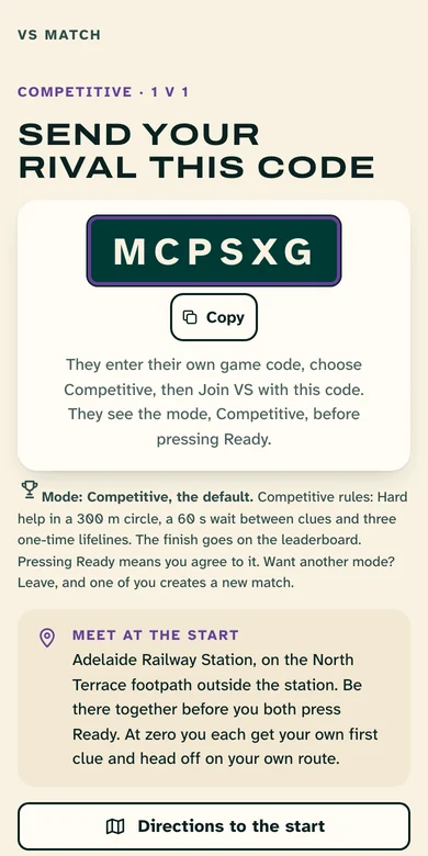 The VS match screen: send your rival this code, a 6-character match code with a Copy button, meet at the start, with you not ready and your rival not joined yet