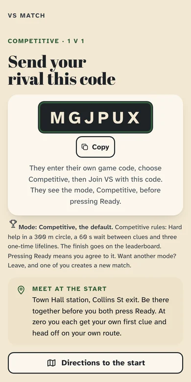 The VS match screen: send your rival this code, a 6-character match code with a Copy button, meet at the start, and both players not ready yet