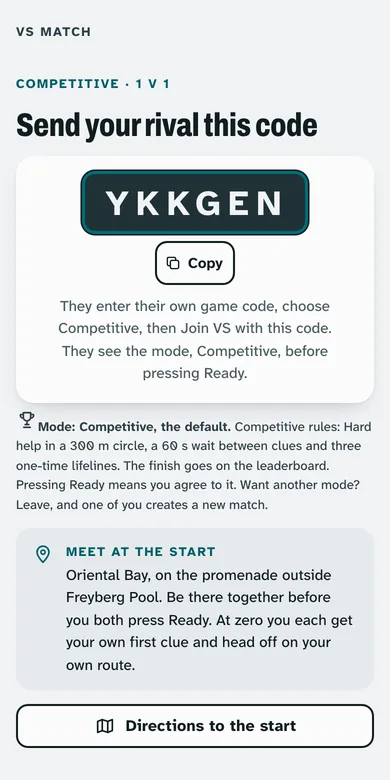 The VS match screen: send your rival this code, a 6-character match code with a Copy button, meet at the start, with you not ready and your rival not joined yet