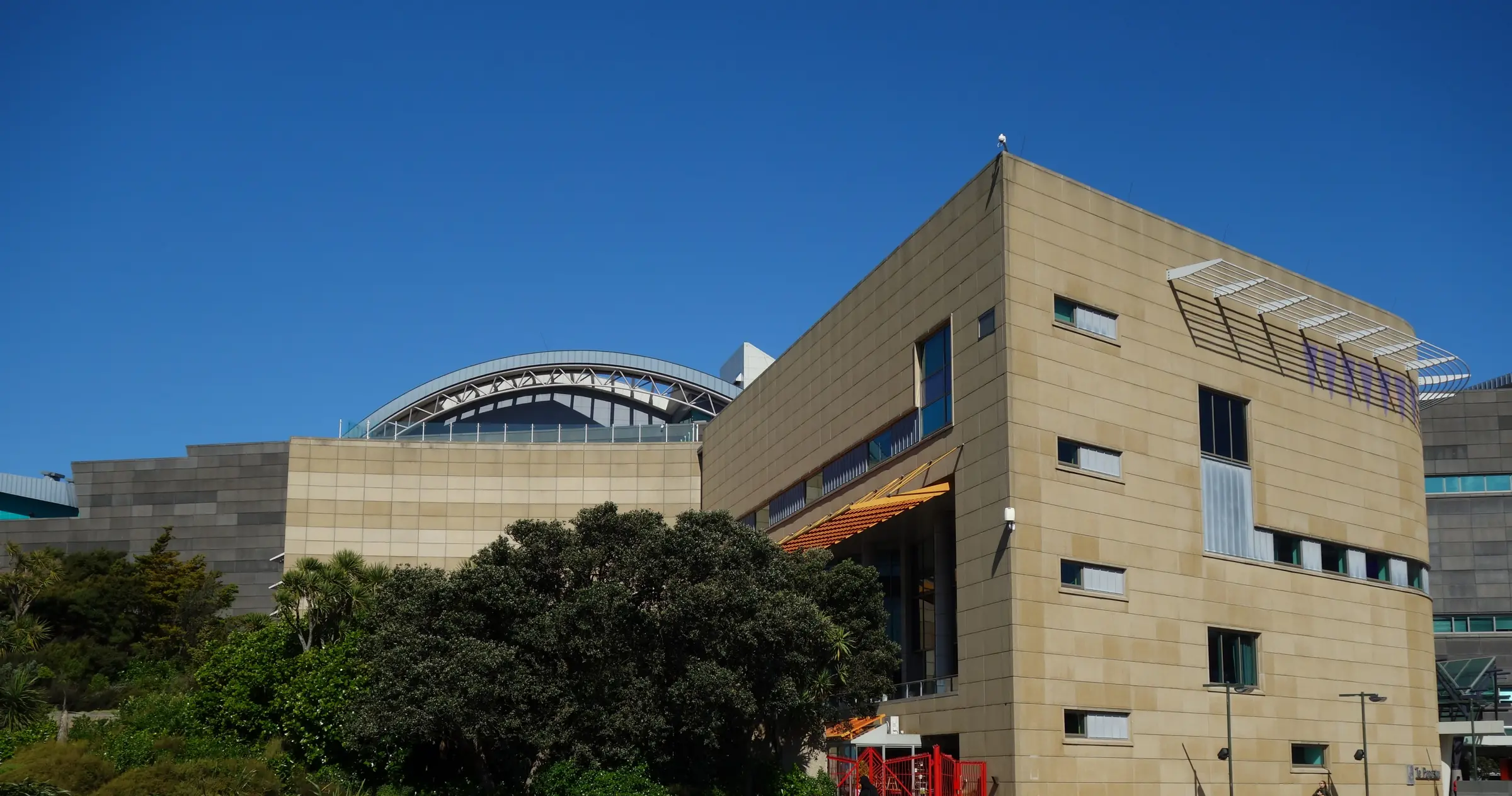 Te Papa, the national museum, on the waterfront: sandstone walls and a curved roof under a deep blue sky, with native plants in front